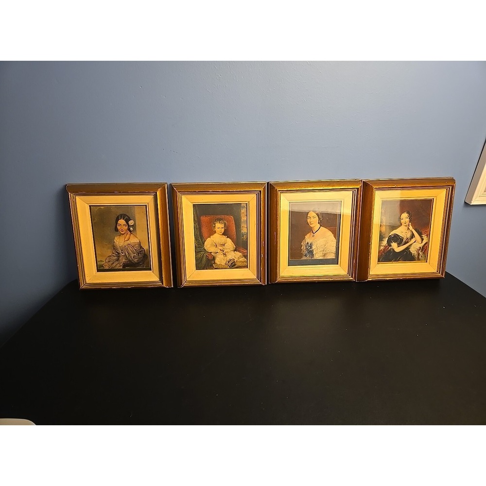 4 Vtg Antique Reproduction 18th Century Prints Matted Framed 8x7 Gold Wood Frame